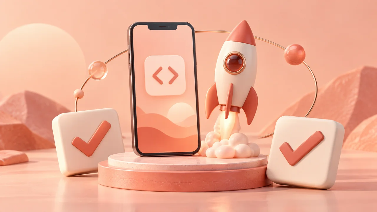 Phone on a launch platform with a small rocket and approval checkmarks