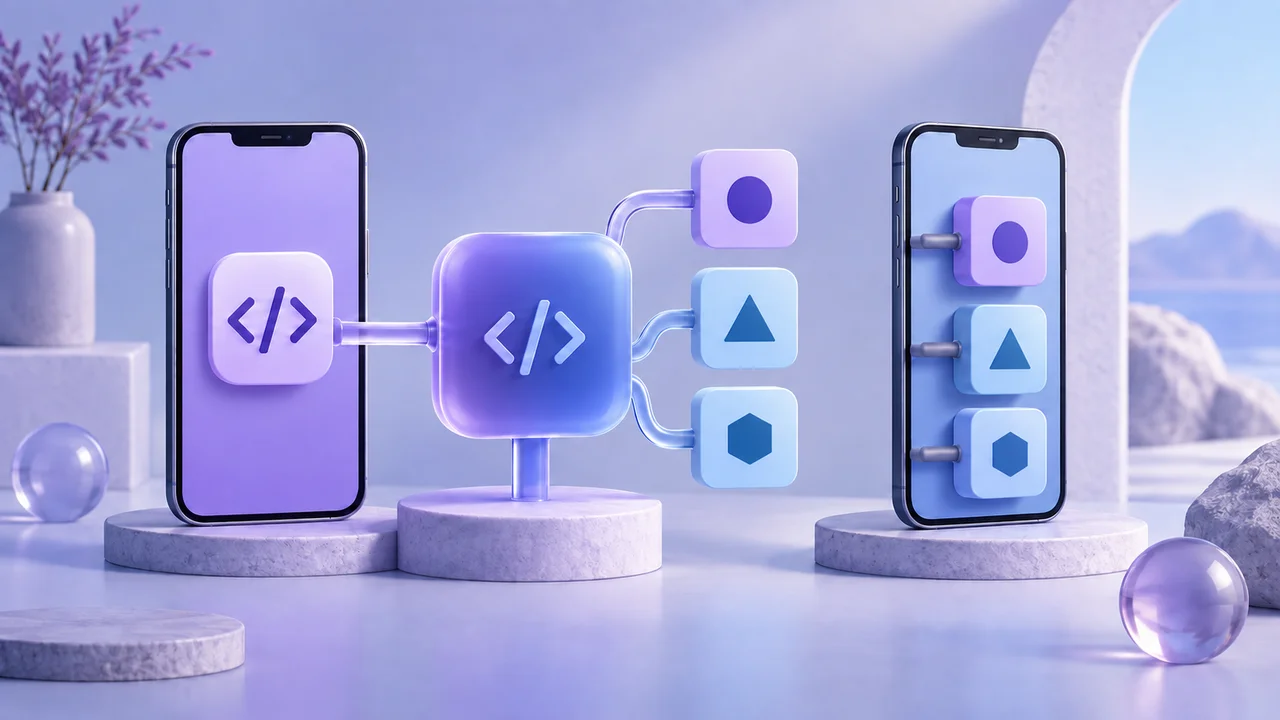 Two phones connected to shared and separate software modules, illustrating cross-platform and native development