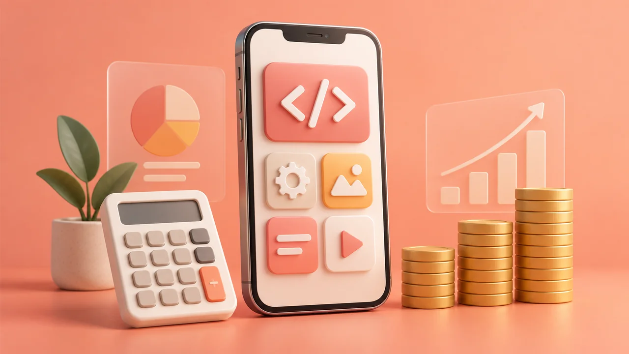 App phone, calculator and coin stacks illustrating a mobile development budget