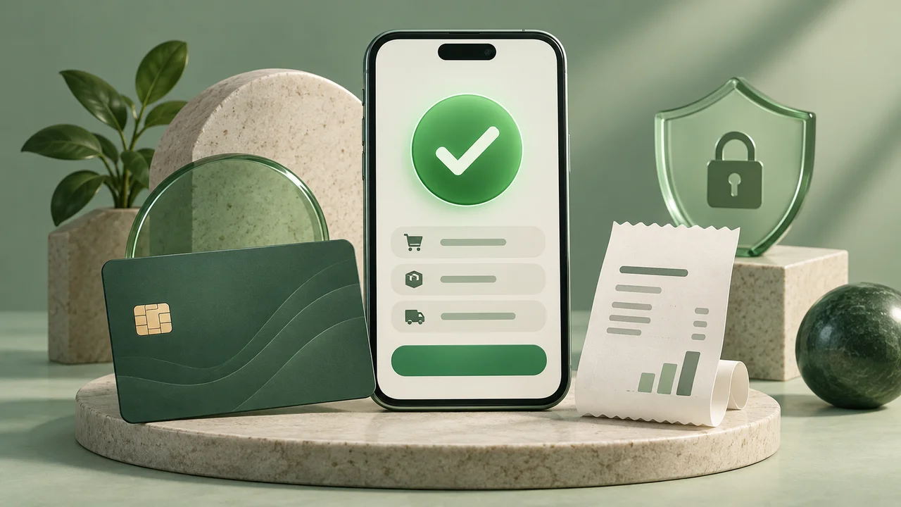 Checkout phone with a confirmation check, unbranded payment card and receipt
