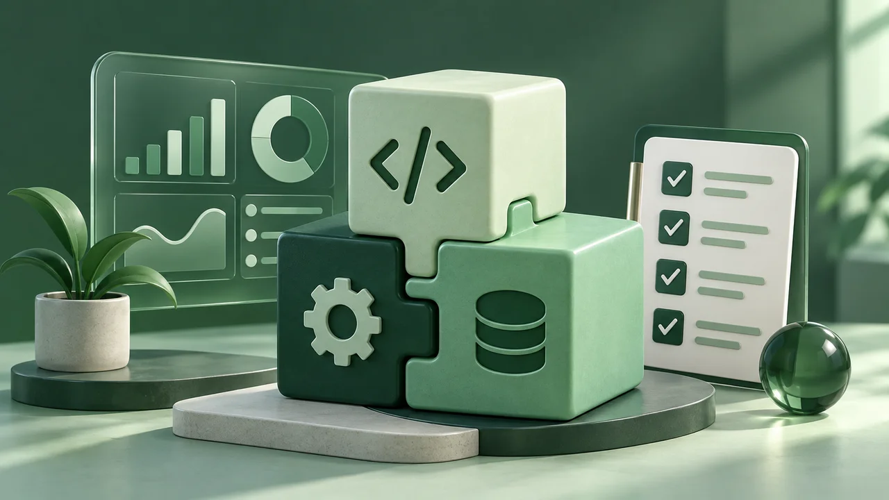 Interlocking software modules, dashboard and checklist representing a business software brief