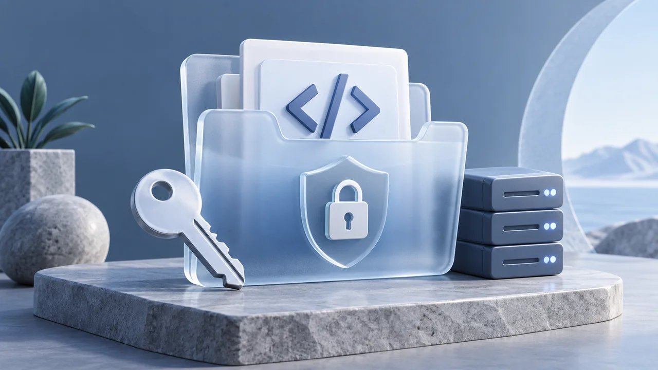 Secure software folder with code brackets, a key and a server representing ownership and handover