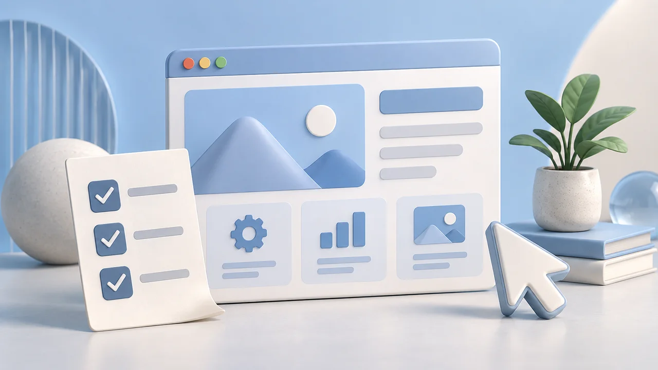 Browser layout, checklist and cursor illustrating business website planning