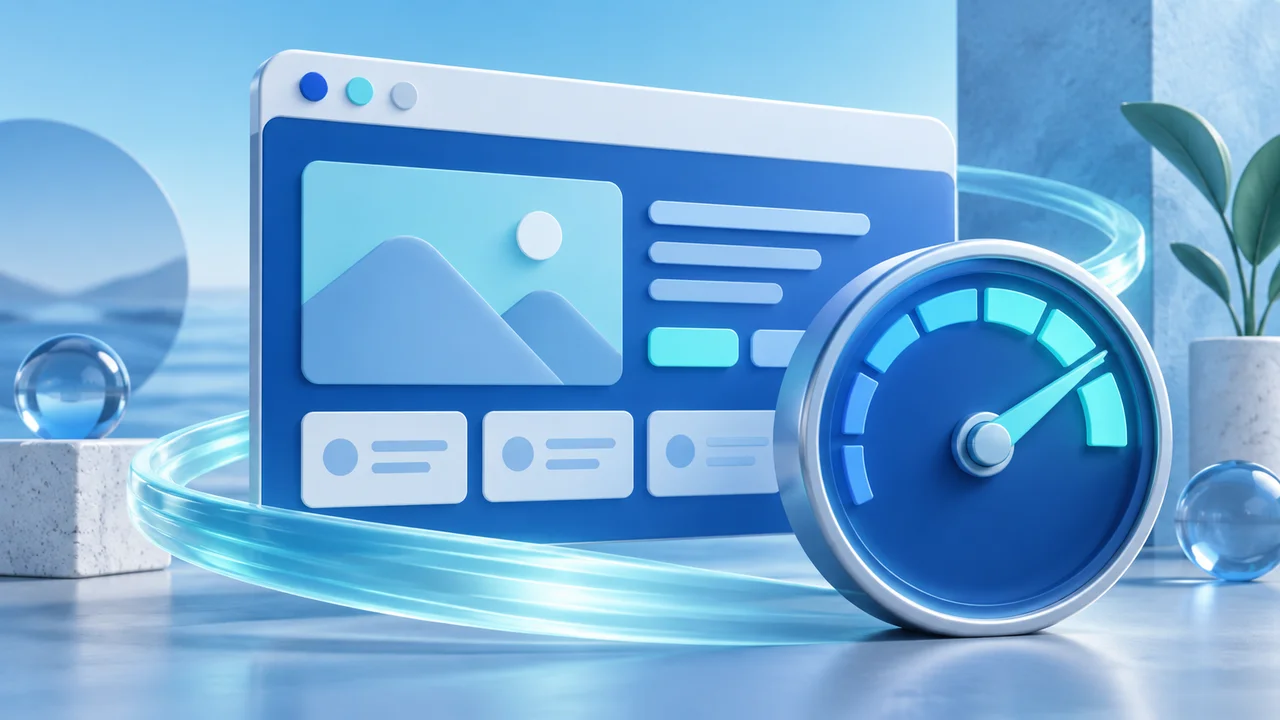 Browser window beside a blue speedometer and motion ribbon representing website performance