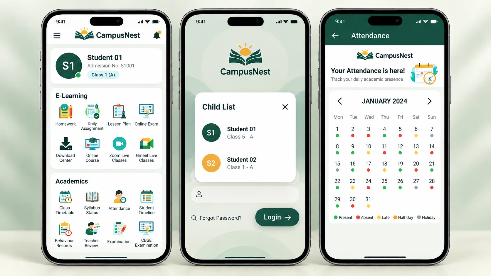 CampusNest student dashboard, parent child selector and attendance mobile screens