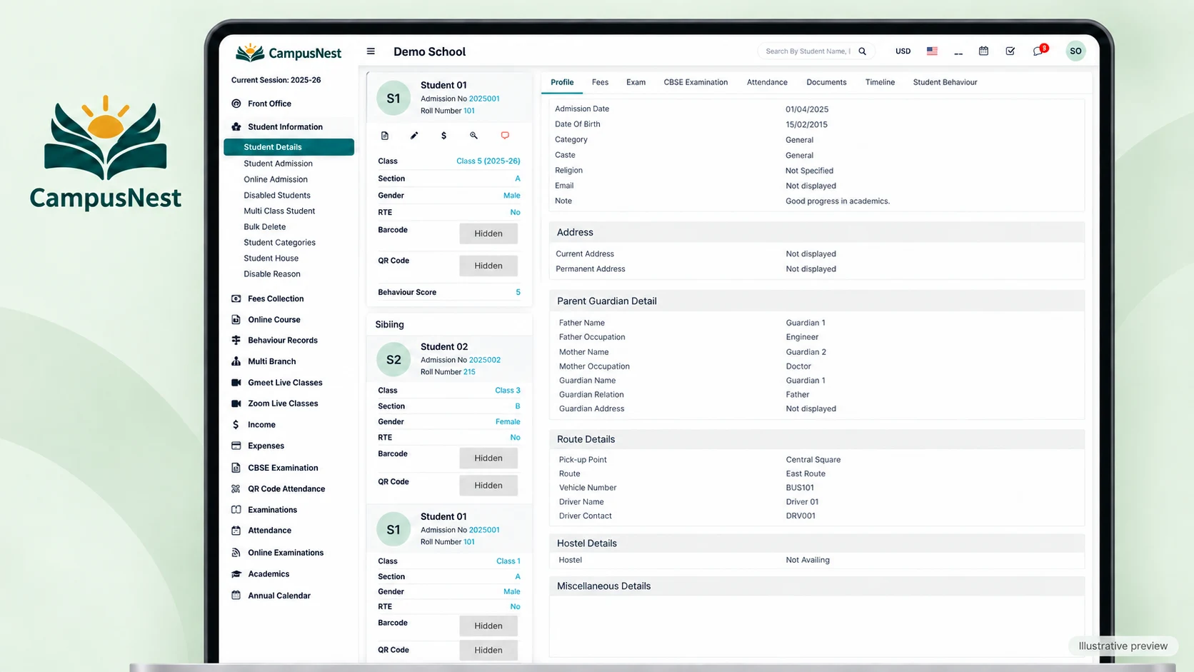 Student profile with linked school records and anonymised illustrative data