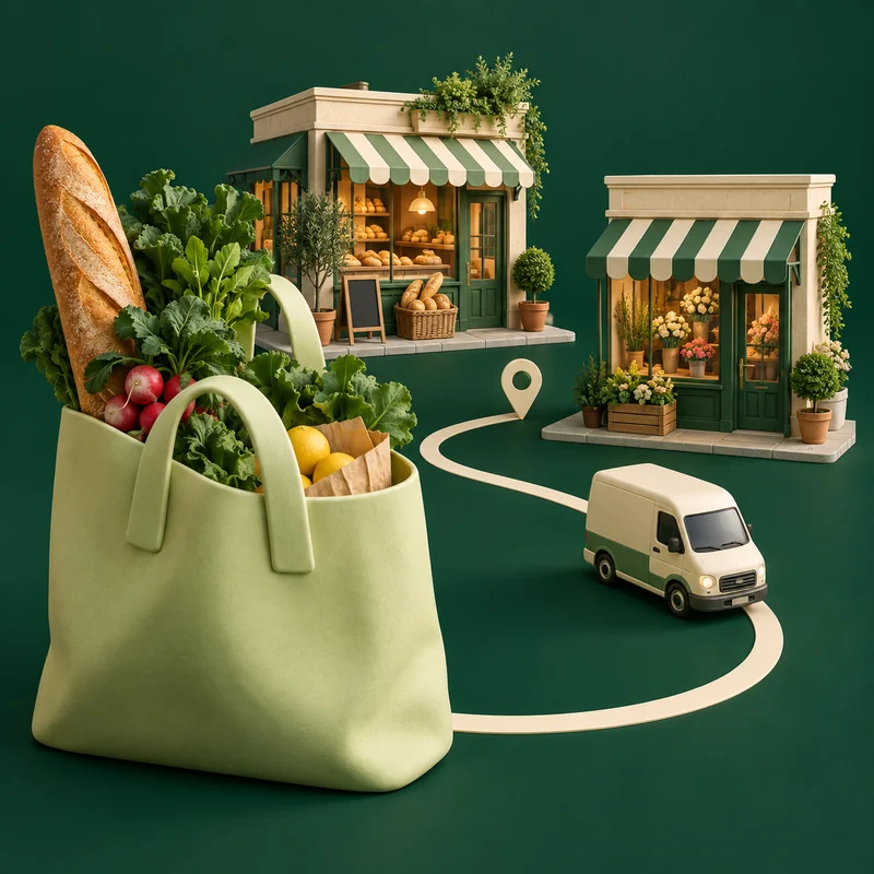 Original neighbourhood shops and grocery bag illustration connected by a delivery route