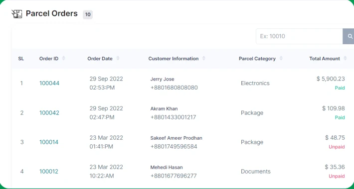 Reference interface: dispatch order queue with delivery and payment states