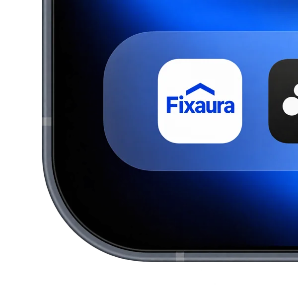 Fixaura app icon in a blue smartphone dock, close-up
