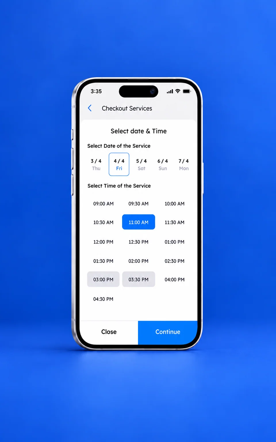 Fixaura mobile date and time selection presentation