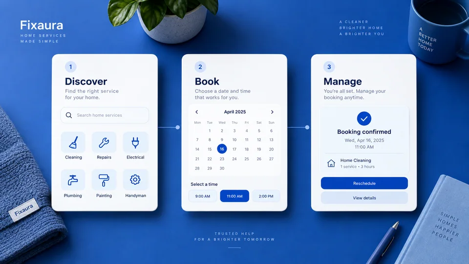 The Fixaura customer journey: discover a service, book a slot and manage a booking
