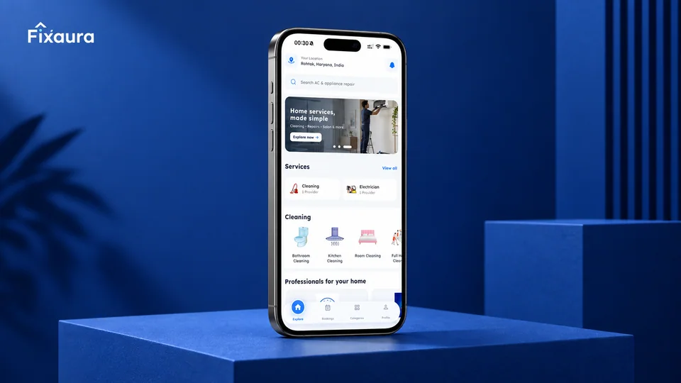Fixaura home services on a single iPhone against a blue studio background