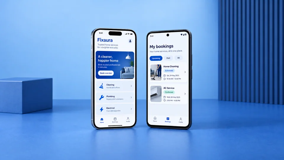 Fixaura services and bookings on two fully visible smartphones in a wide blue studio