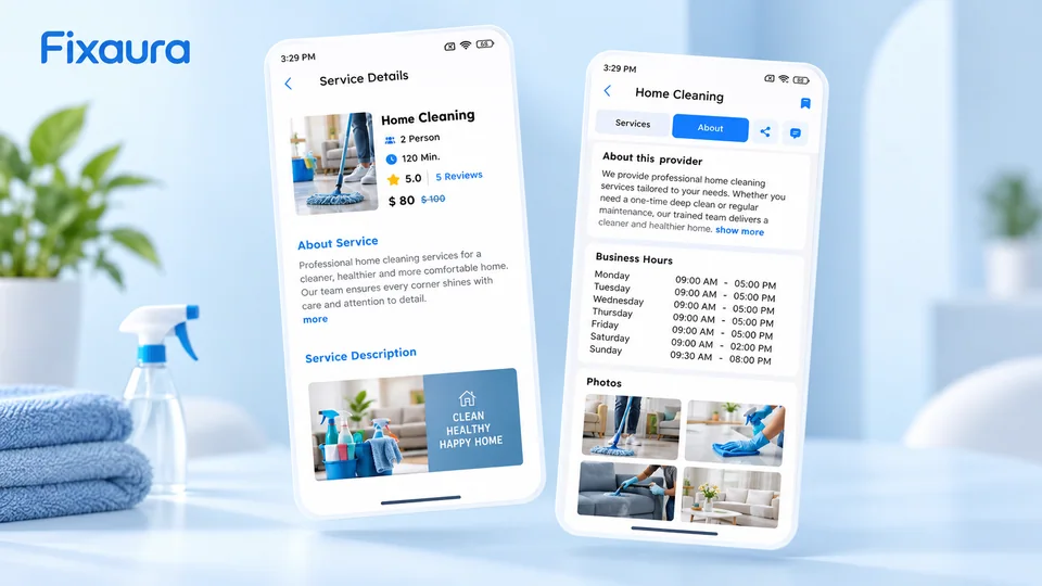Fixaura service details and provider working hours presentation