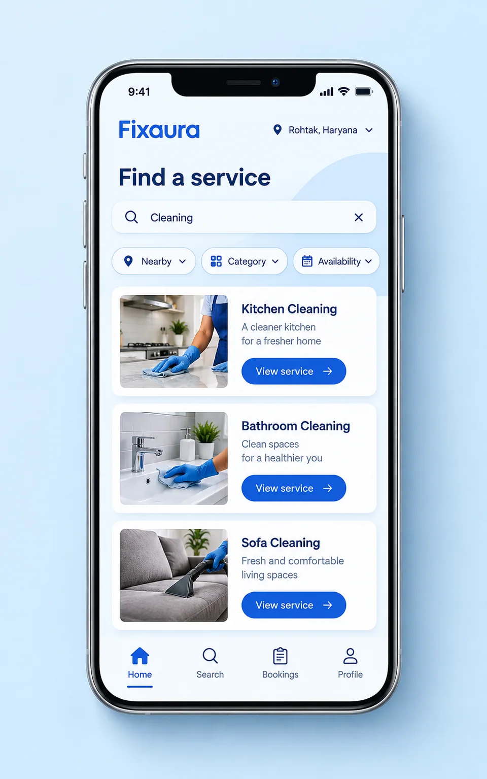 Find nearby cleaning services using location, category and availability filters
