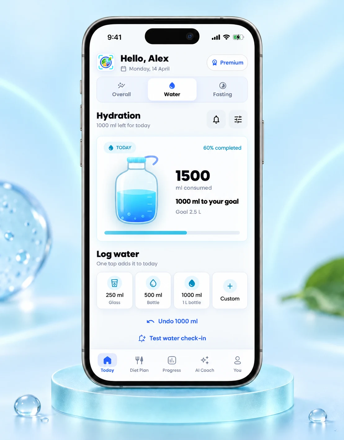 Log water in a tap, choose a custom amount and undo the last entry