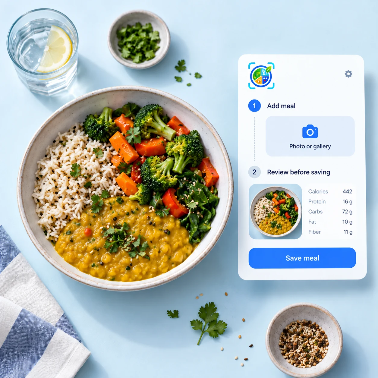 Add a meal from a photo or your gallery, then review the estimate