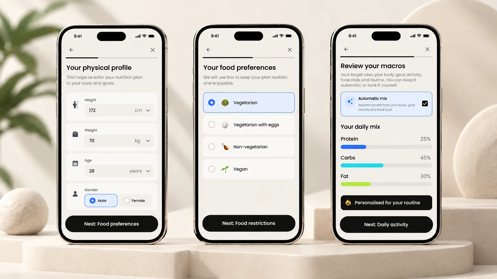 Personalised setup: body profile, food preferences and macro review