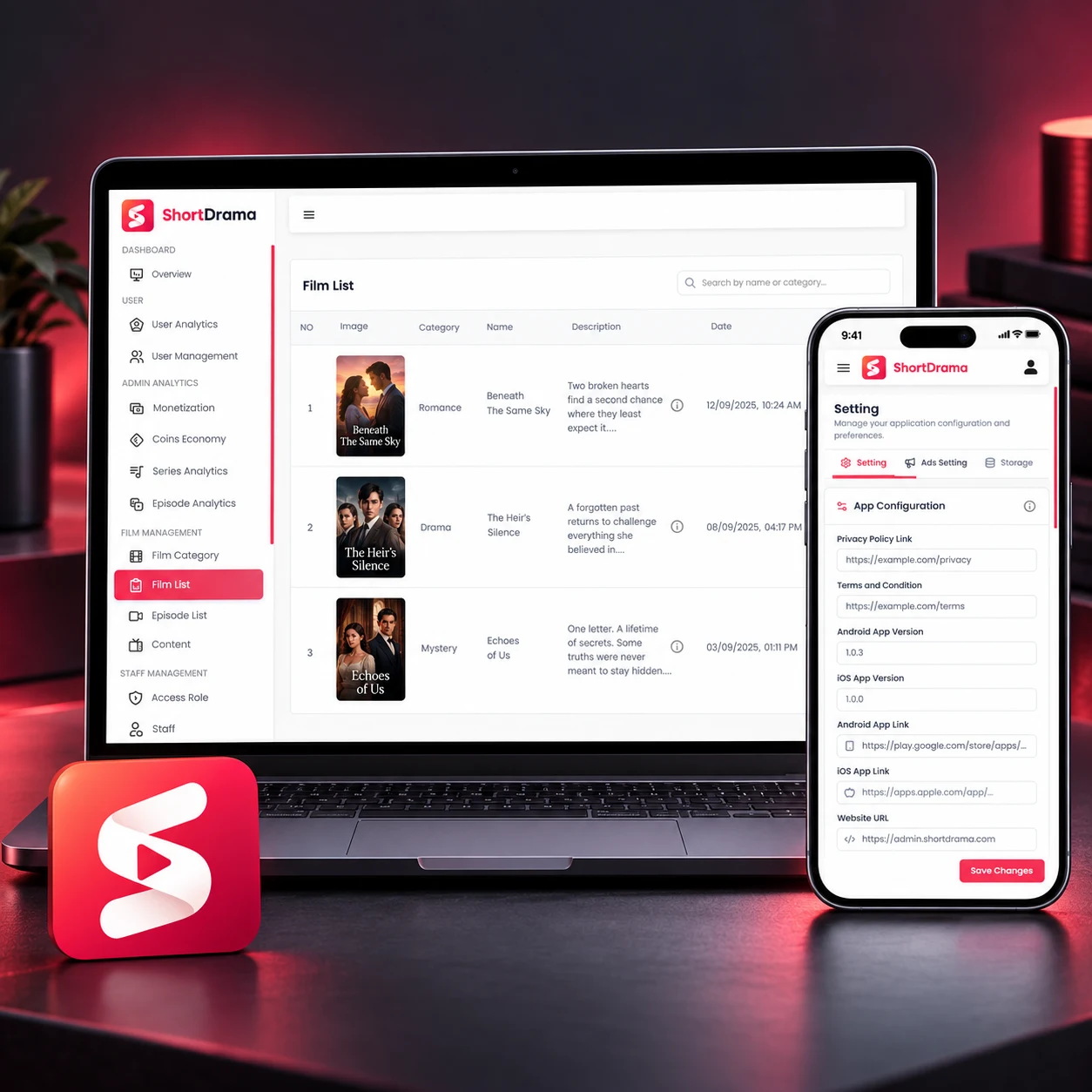Organise dramas, categories and episodes from the admin panel