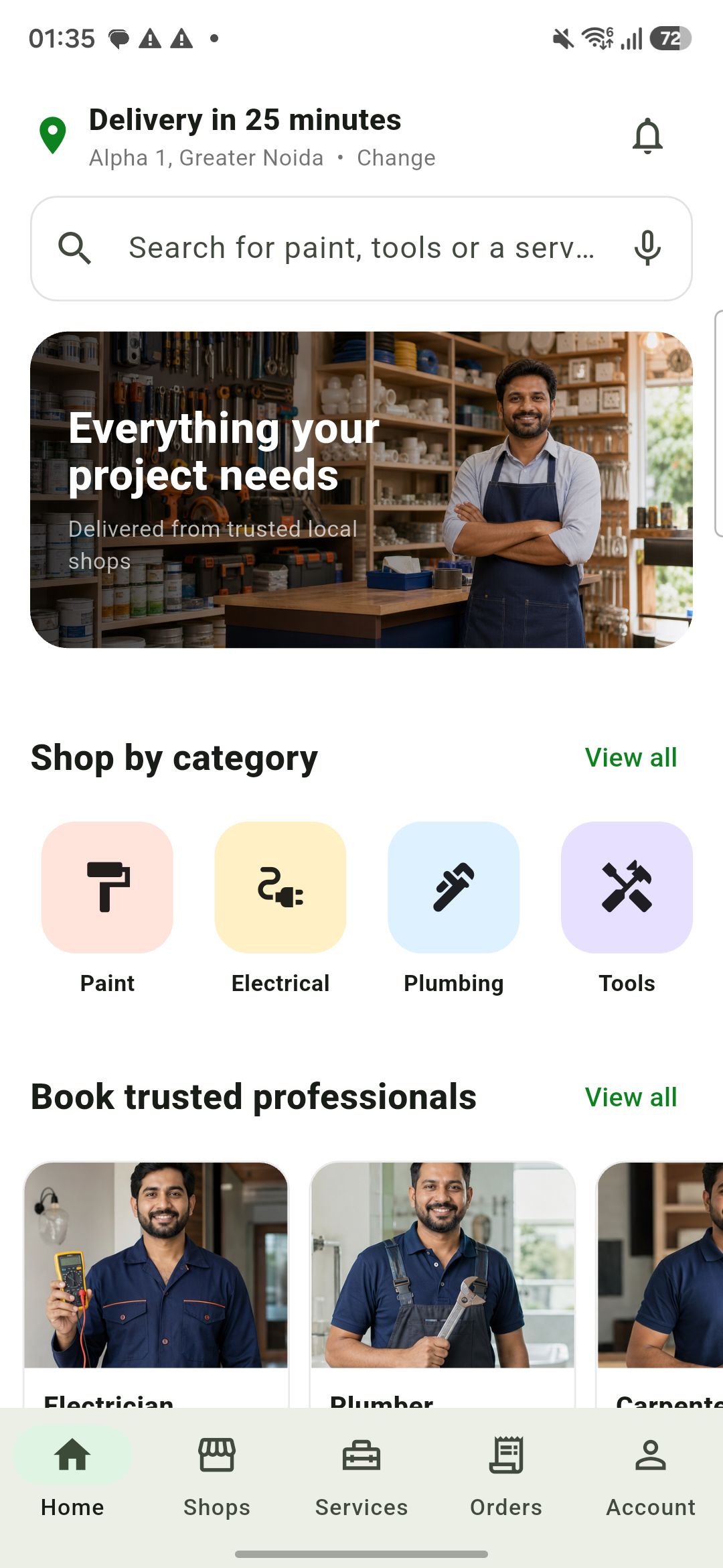 FixKaro shopping and service home screen