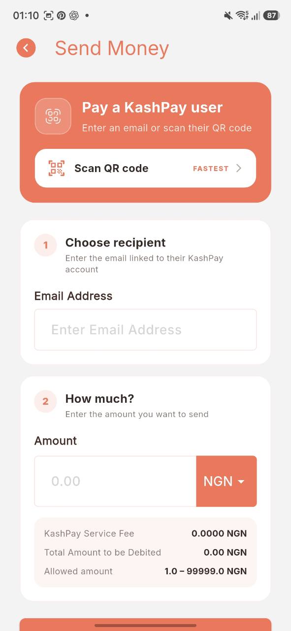 KashPay send money screen