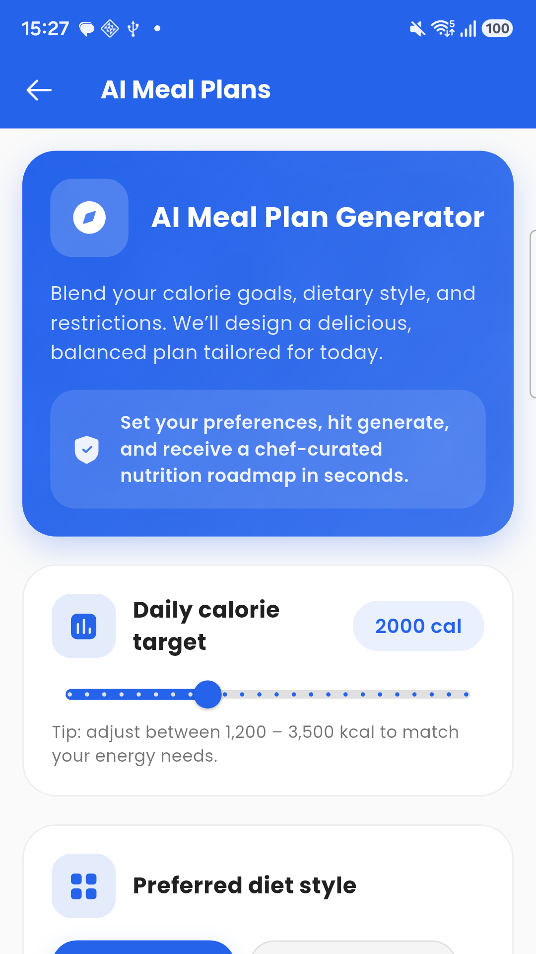 Nutrition Scan AI meal plan screen