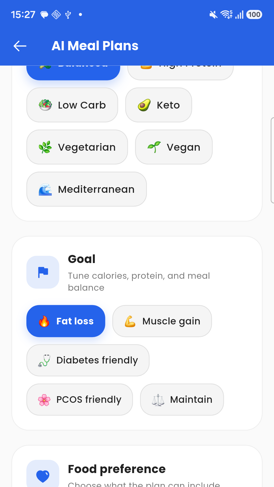 Nutrition Scan diet preferences screen